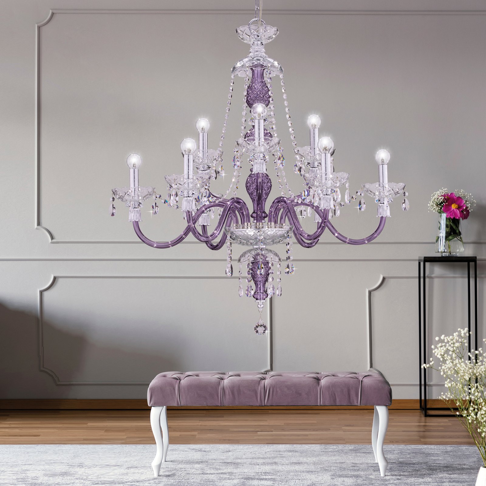 Mirsini 105/CH9 φύλλο ασήμι lilac φωτιστικό οροφής κρυστάλλινος πολυέλαιος